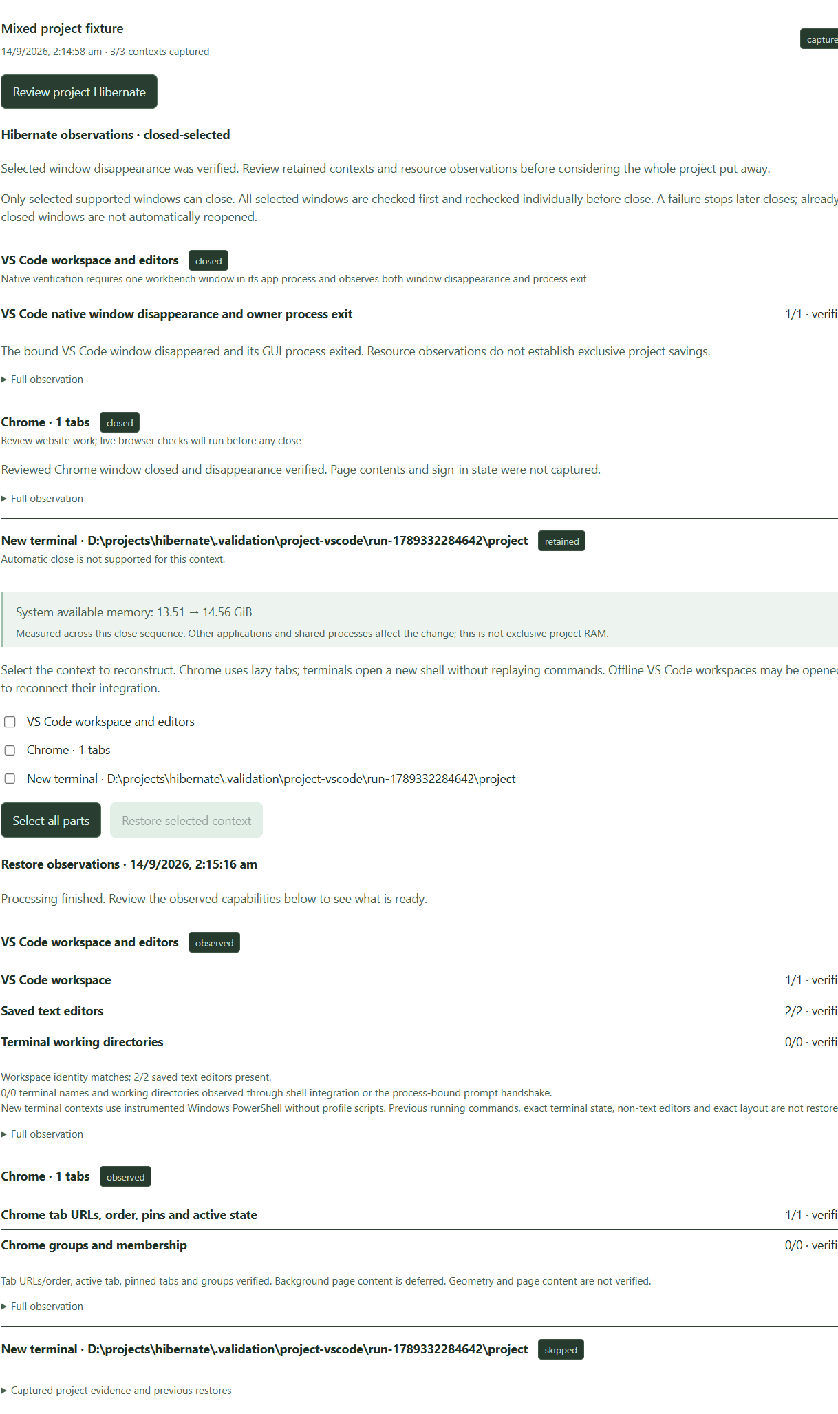 Project Hibernate checkpoint validation screenshot